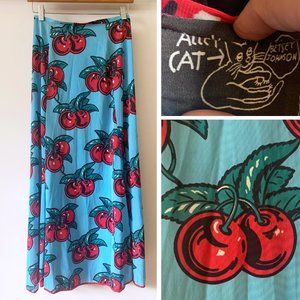 RARE vintage BETSEY JOHNSON Alley Cat cherry print novelty maxi skirt